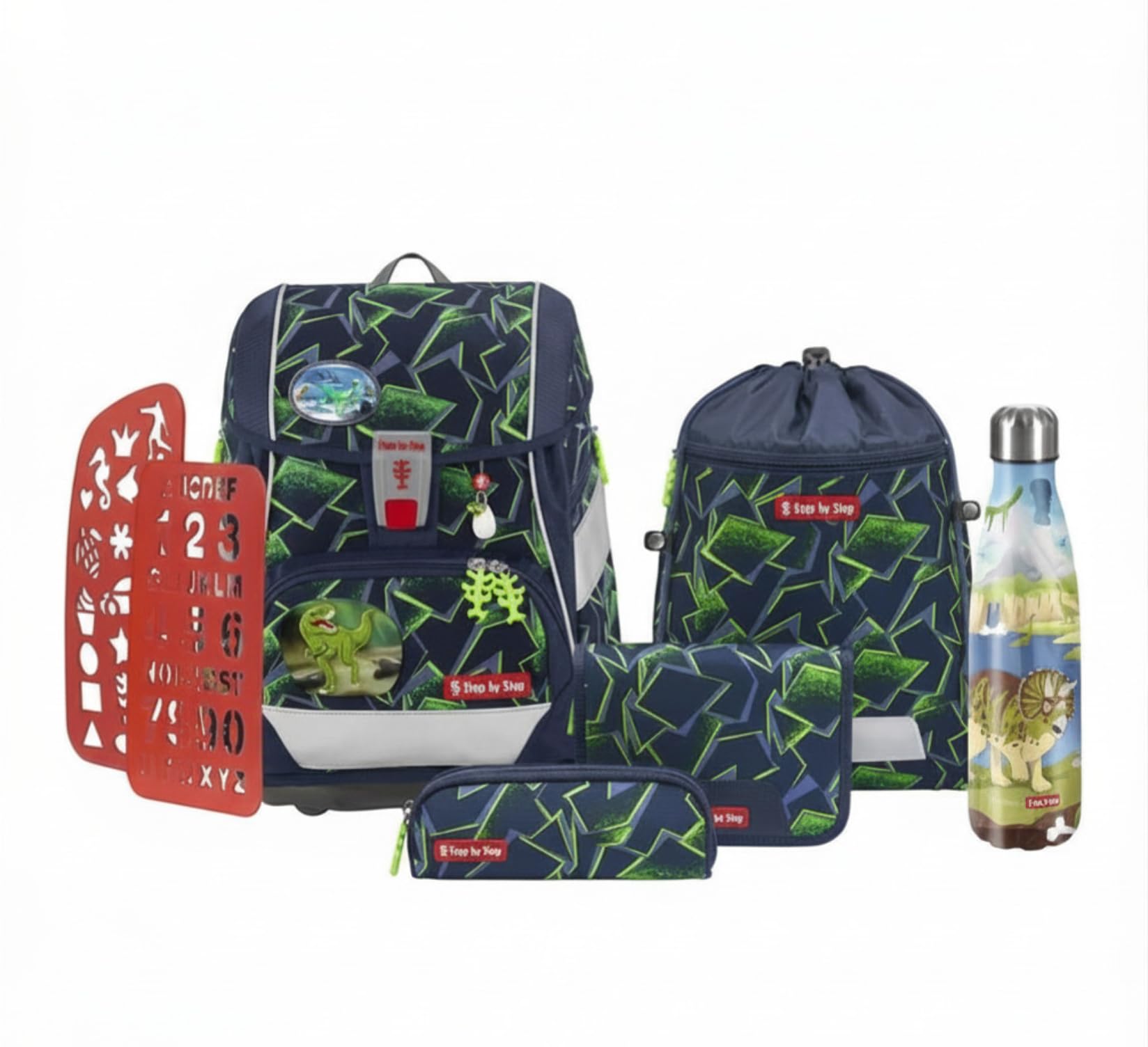 Step by Step Schulranzen-Set 2IN1 Plus „Wild T-Rex Taro“ 7-teilig, inkl. Edelstahl Isolierflasche, höhenverstellbar mit Hüftgurt, für die Grundschule, ab der 1. Klasse, 19L, grün-schwarz, Dino-Design