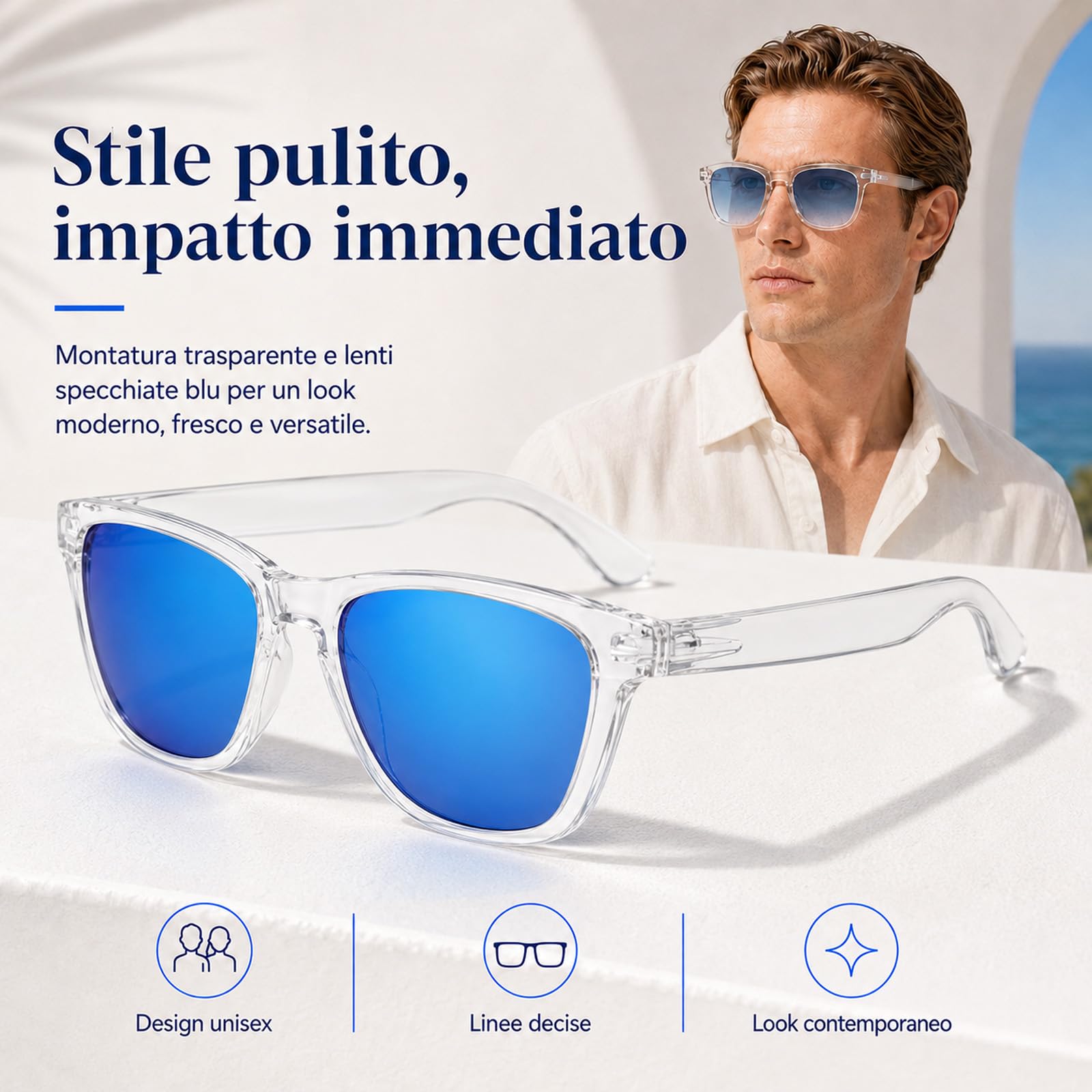 MarcoMoretti Occhiali da Sole UV400 Lenti Blu Unisex