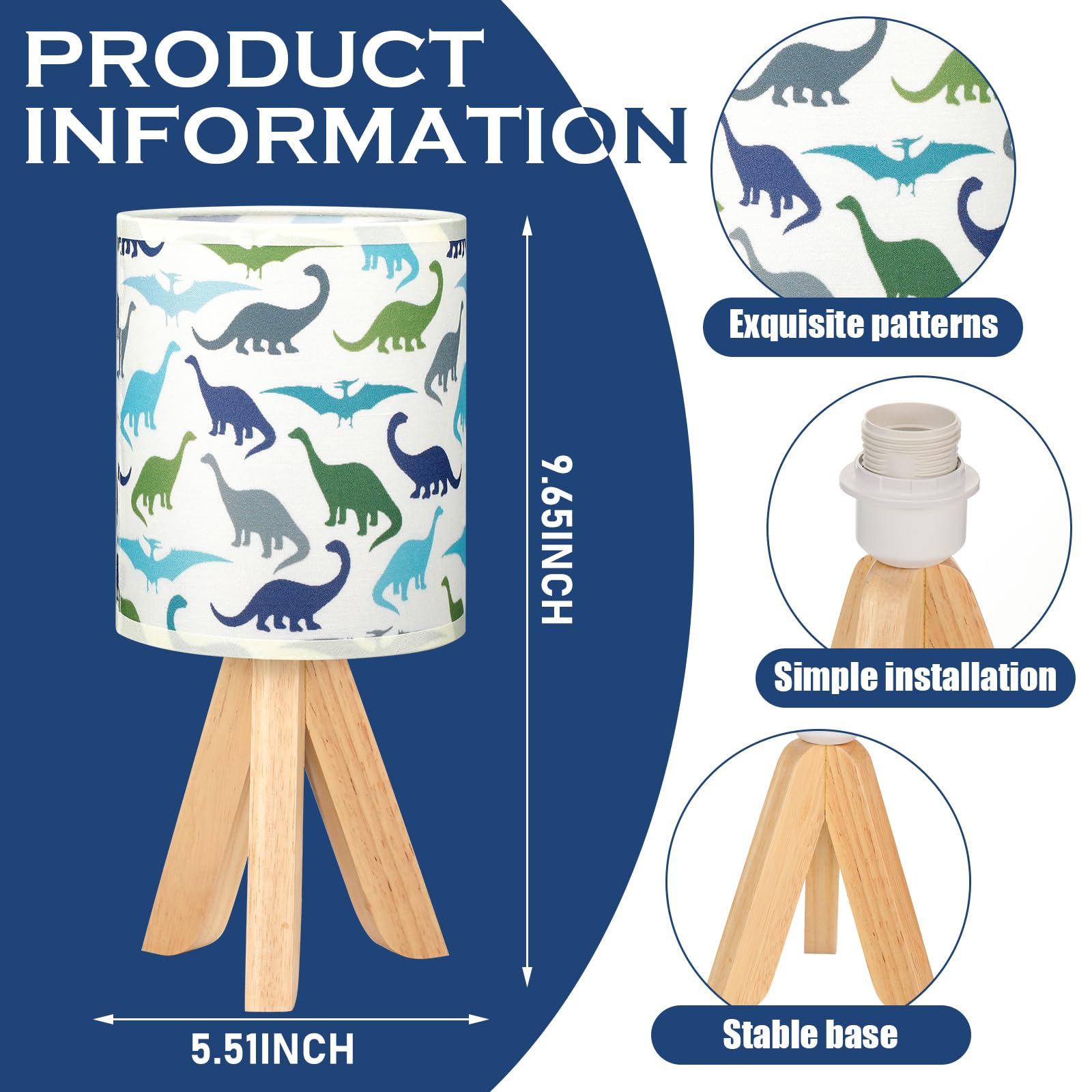 VIHOSE Lámpara de mesa para niños, lámpara de mesita de noche con madera de lino, lámpara de mesa de noche de dibujos animados para habitación de niños y niñas, sala de estar (dinosaurio)