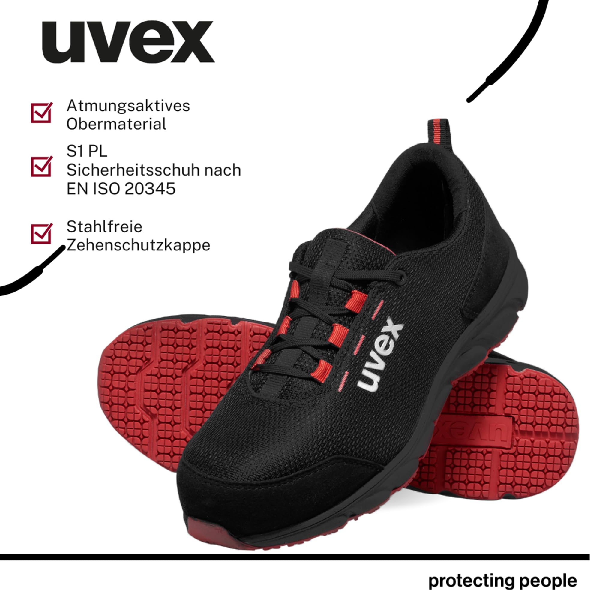 Uvex 1 x Dynam-x S1 PL buty ochronne – bez metalu, wyjątkowo lekkie i oddychające – męskie i damskie – antypoślizgowe – czarne/czerwone – szerokość 11