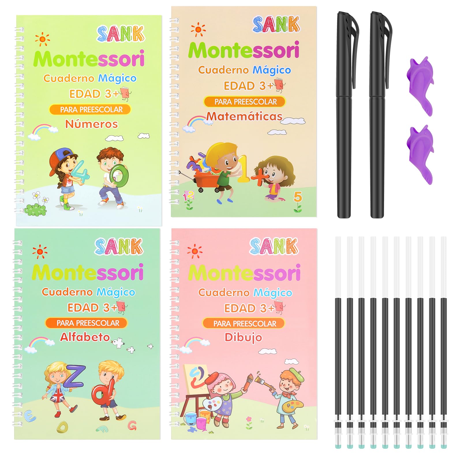 DirkFigge Libro Magico, 4 Piezas Escritura De CaligrafíA Para NiñOs, Puede Reutilizar Libro De Trazado, Libros Magicos De Caligrafia Boli Borrable,Con 10 Recargas y 2 Soporte(EspañOl)