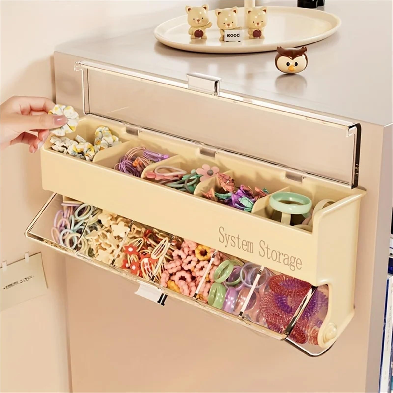 Haargummi Organizer Doppelschichtige Aufbewahrungsbox for Haaraccessoires for Clips, Gummibänder, Kopfbedeckungen und Schmuck(Cream)