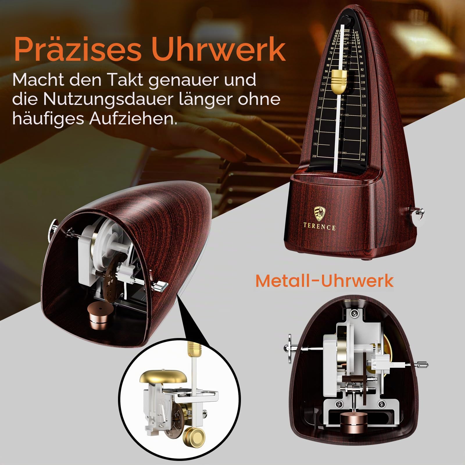 TERENCE Mechanisches Metronom für Klavier Gitarre Bass Violine mit hoher Präzision Traditionelle Pyramide Holzfarbe