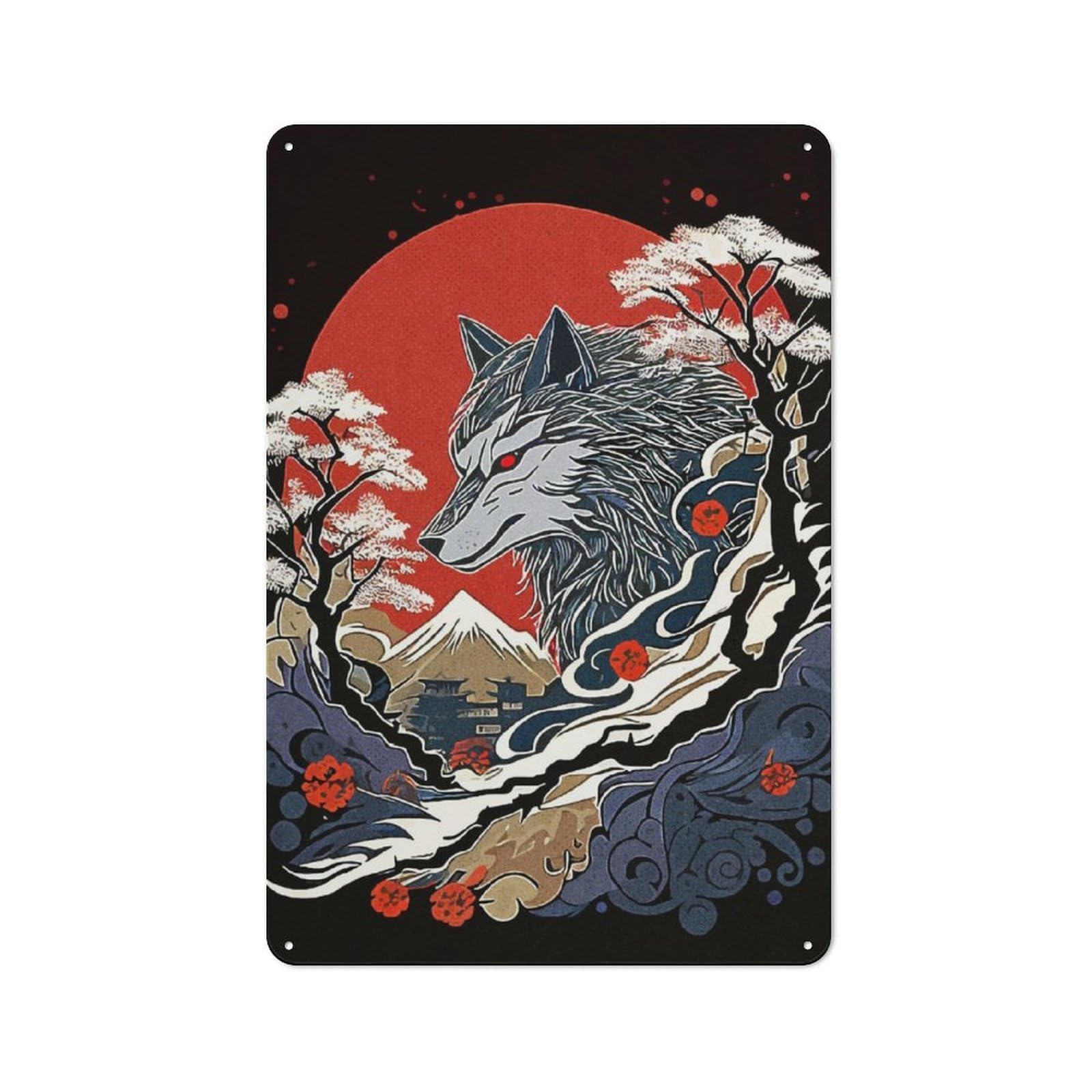 Junmoney Wolf Japan Metal Plaque 30X20cm With For Garage Wall, Rustic Decor, For Winter Interiors And Metal Sign Collectors