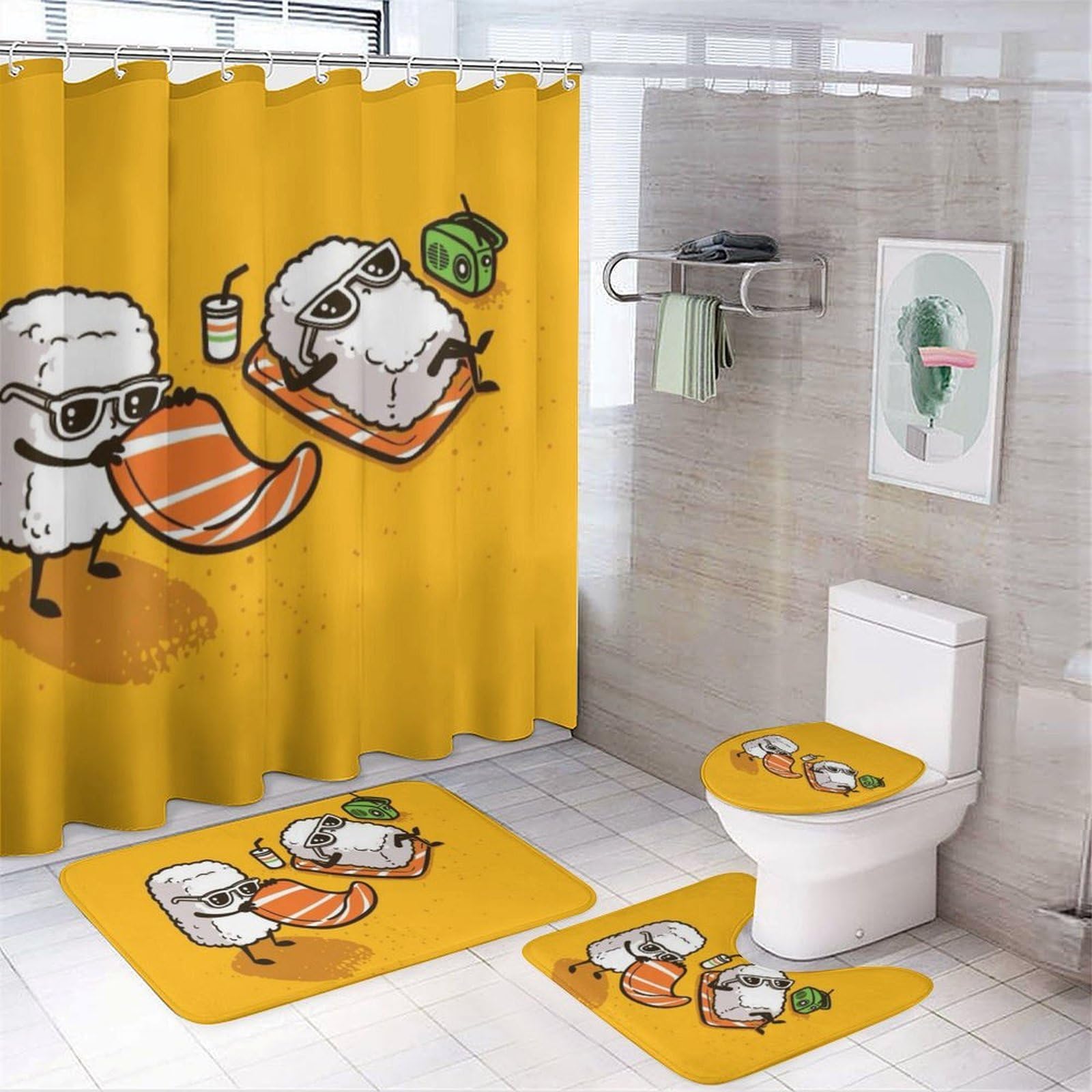 JZemdybill Bathroom Mat Set 4 Piece, Funny Sushi Shower Curtain with Non-Slip Bath Mats for Bathroom