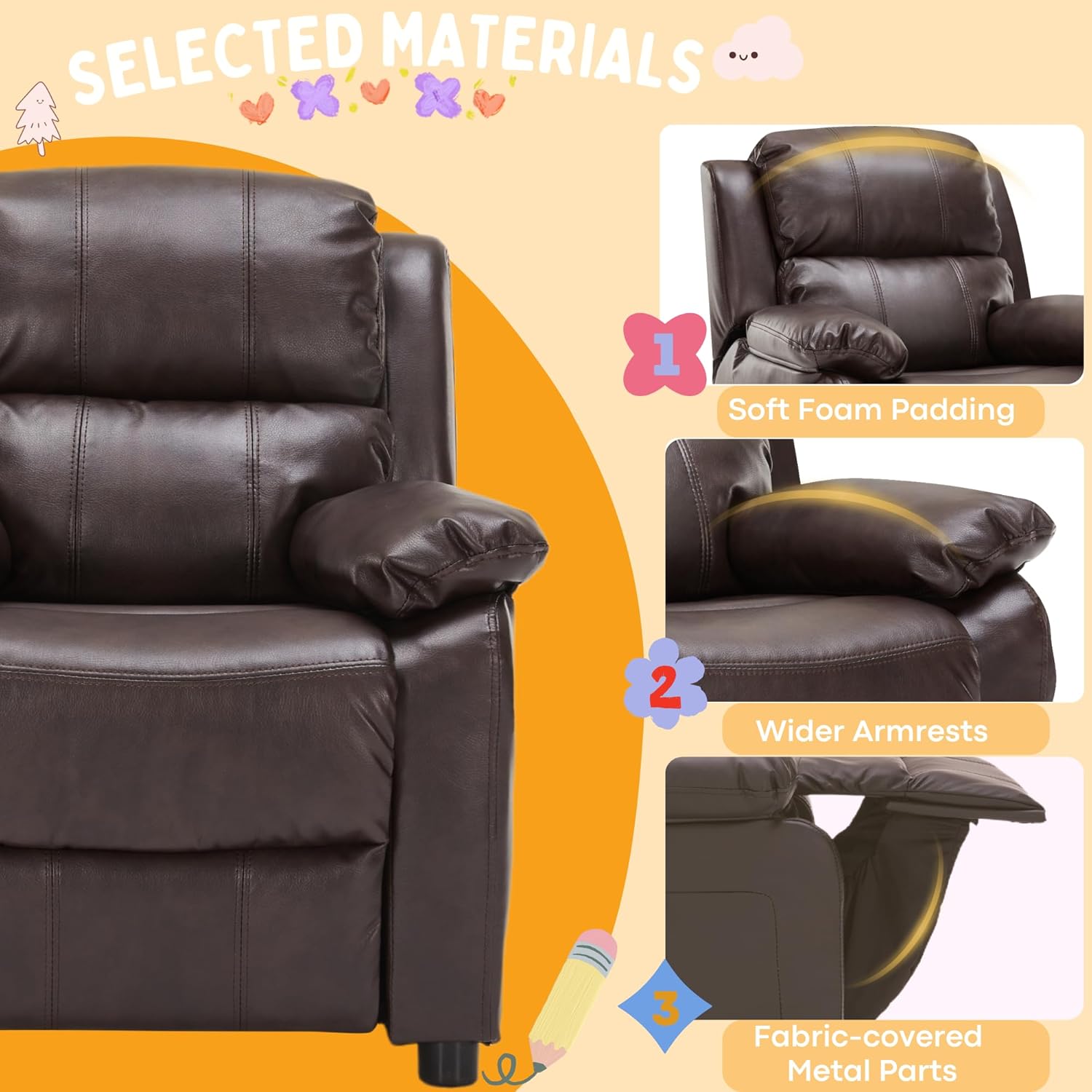 Macaron Kids Reclining Chair Leather Recliner Sofa Push Back Toddler Youth Children Child Ages 2-8