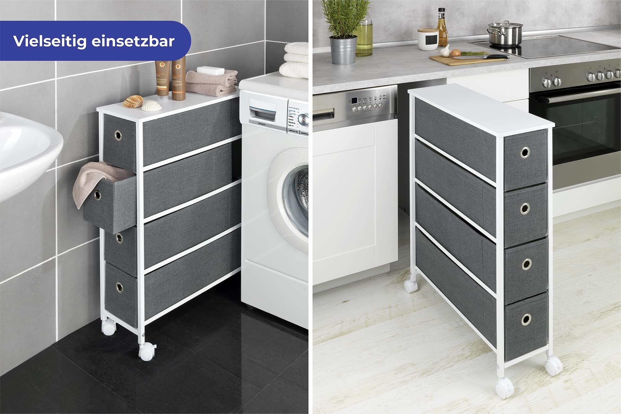 Maximex Nischenregal 4 Schubladen - Nischenregal mit 4 extra-tiefen Schubladen & 4 leichtgängige Rollen, Metall, 20 x 58 x 79 cm, Weiß