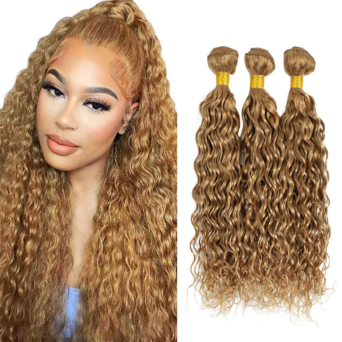 Water Wave Human Hair Bundles Echthaar Tressen Bündel Honey Blonde #27 Color Menschliches Haar Human Hair Extensions Double Weft Weave 50g/Piece 26 28 30 Zoll