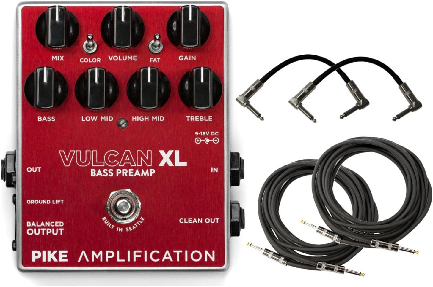 Pike Amplification Vulcan XL Bass Overdrive/Distortion Preamp Pedal with 4 Cables