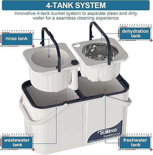 Miniatura 2 de Juego de trapeador y cubo con escurridor para el hogar, trapeador giratorio y cubo que separa el agua sucia y limpia, cubo de fregona de 4 cámaras,