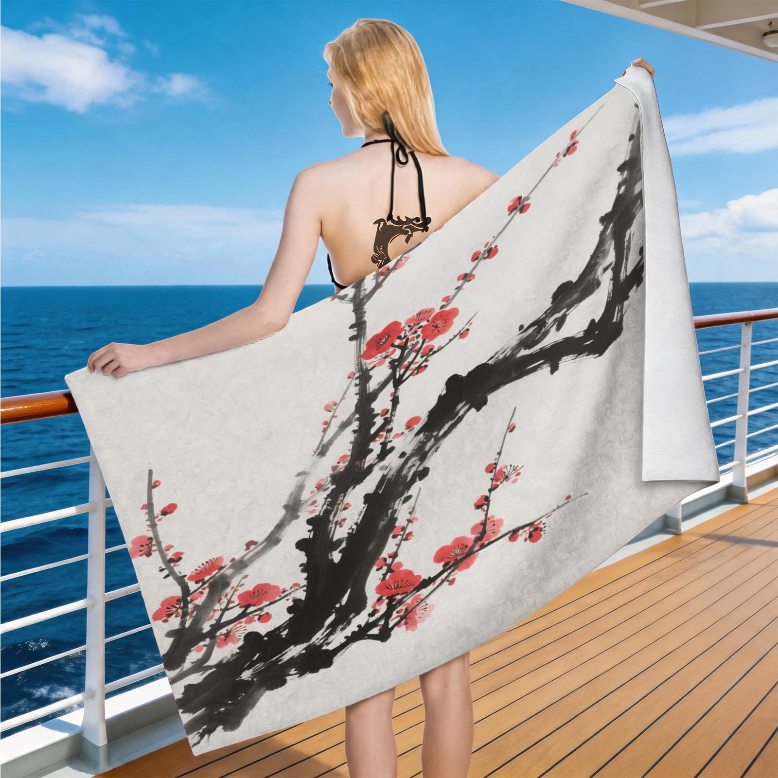 Hongduo Microfiber Quick Dry Beach Towel Ink Wash Plum Blossom, 3D Ink Painting Beach Towels Absorbent Fast Drying Bath Towels, Travel Camping Gym Swimming Bathroom (100x200cm)