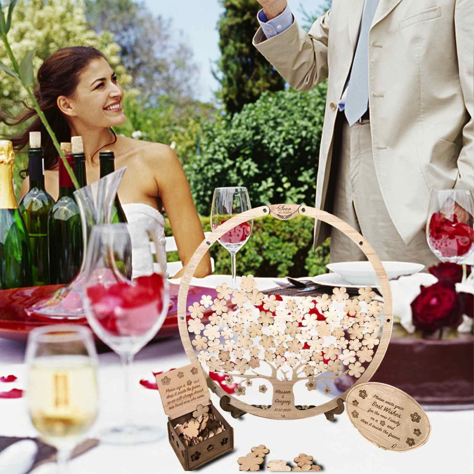 Alternative zum Gästebuch für Hochzeit - 1 Set Boxen | Holzanhänger mit rundem Rahmen und Blumen | Gästebuch, personalisierte Erinnerung,