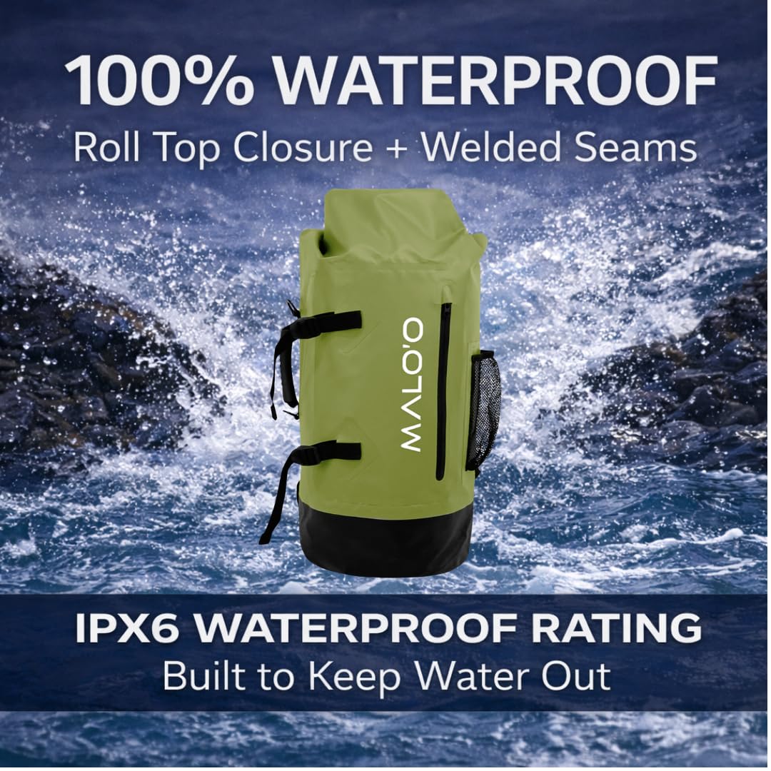 Malo'o 45L Wasserdichter robuster Rucksack für Kajakfahren, Camping, Angeln, Wandern, Tagesrucksack – Strandzubehör, Bootszubehör und Reiseausrüstung – Angelrutenkoffer, grau, 45L US, 45 l