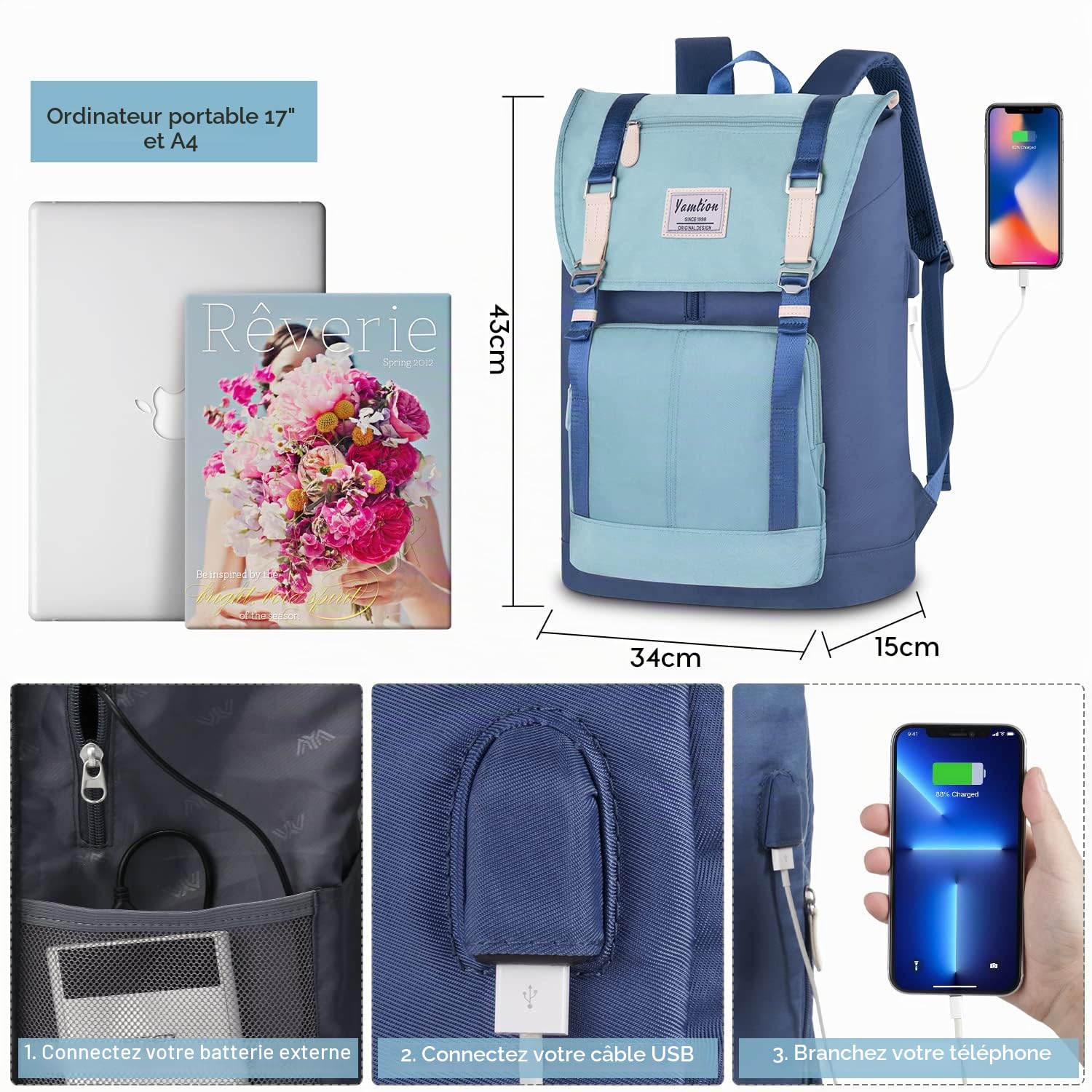 YAMTION Sac à Dos pour Ordinateur Portable 17 Pouces pour Femmes et Hommes,Sac à Dos d'École Sac Lycée Sac Scolaire Cartable Collège Sacoche pour Filles et Garçons