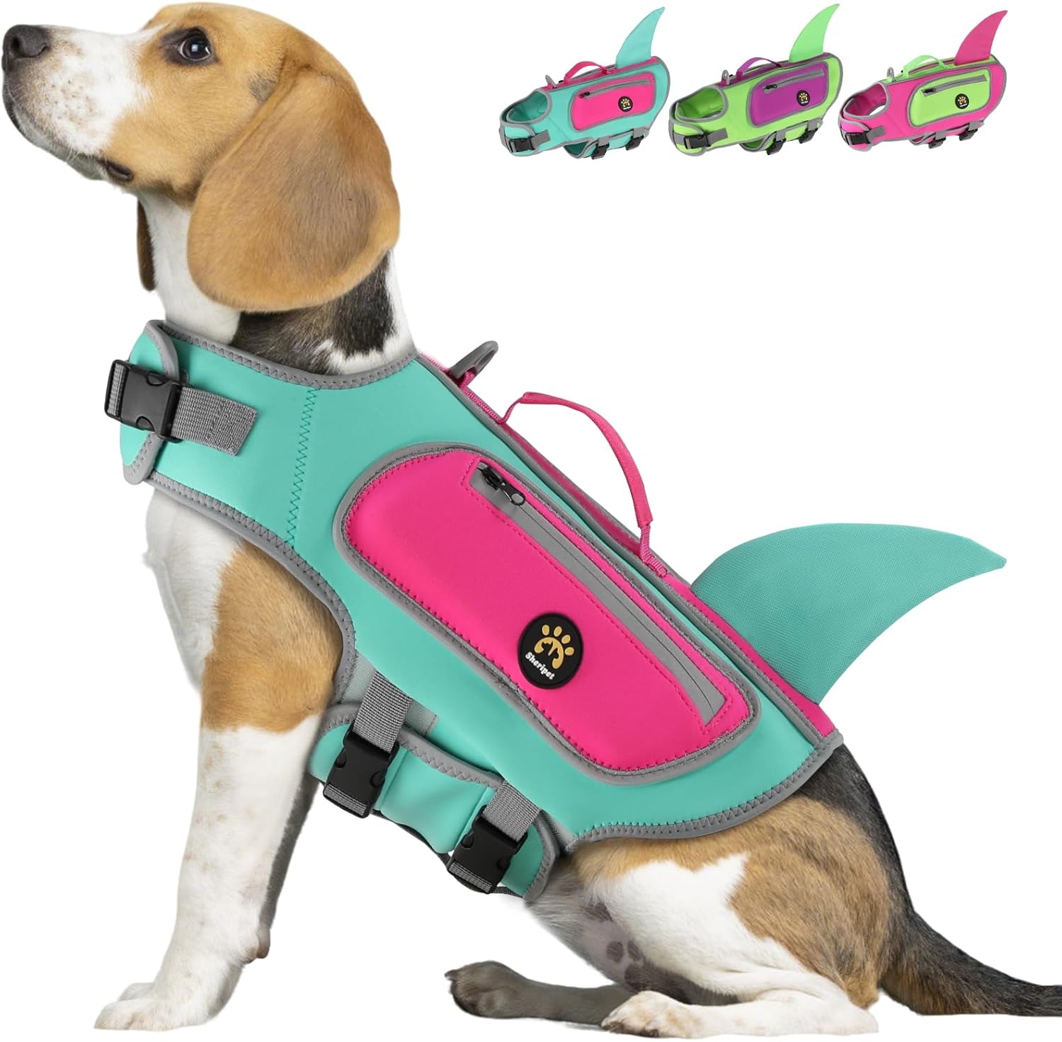 Dog Life Jacket, Cute Shark Dog Life Vest for Swimming Boating with Superior Buoyancy and Rescue Handle, Adjustable Puppy Swim Floating Vest for Small Medium Large Dogs (Turquoise, Large)