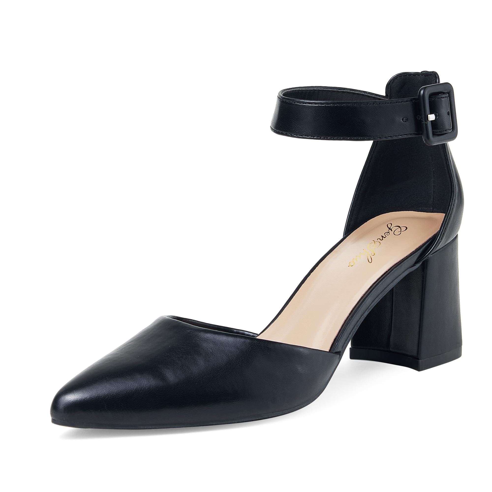 GENSHUO Damen Pumps, geschlossene Spitze, 6 cm Blockabsatz, Knöchelriemen, bequem für Arbeit & Party