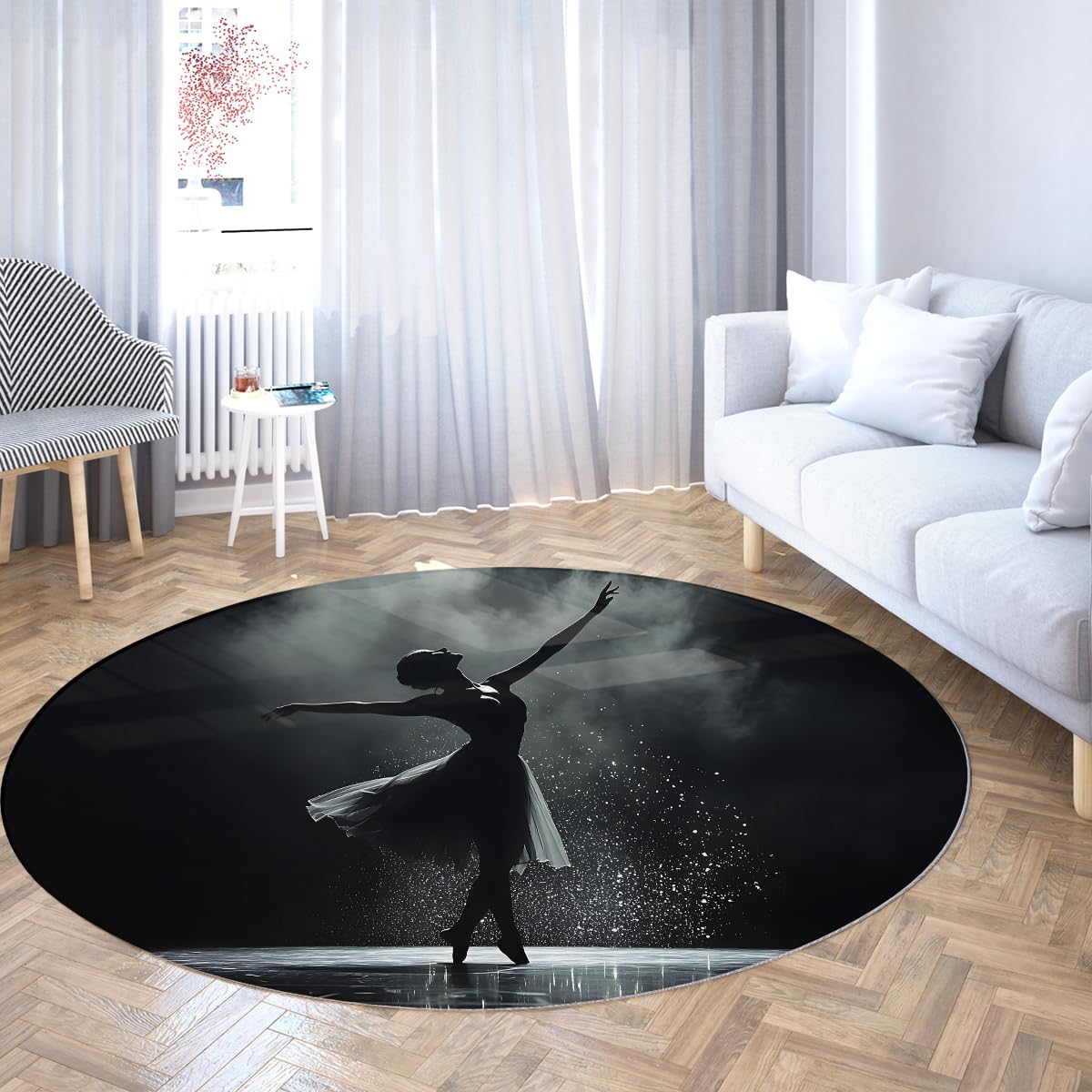 Tapis Rond de Style Noir et Blanc 100cm Danse Fille Motif Lavable à Poils Ras antidérapant Mince Cercle Tapis pour Armoire Maison Couloir Salle de Jeux