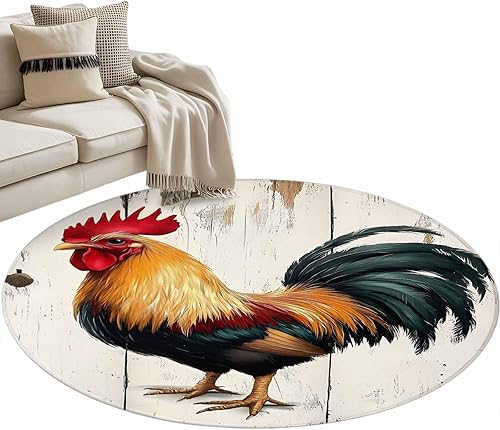 Miniatura 2 de 3.3ft Round Rug, Retro Rooster Non-Skid Rubber Backing Large Area Rugs - Living Room Bedroom Home Office, Watercolor Animals Farmhouse Indoor Floor