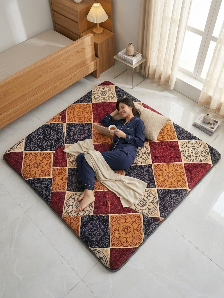 K25 Cotton Floor Bed Mattress with High-Density Foam for Extra Bedding | Lightweight Reversible Portable Rolling Mat for Travel Yoga Outdoor & Camping (Size: 72x72x0.8 Inch, Multicolor)-image-46