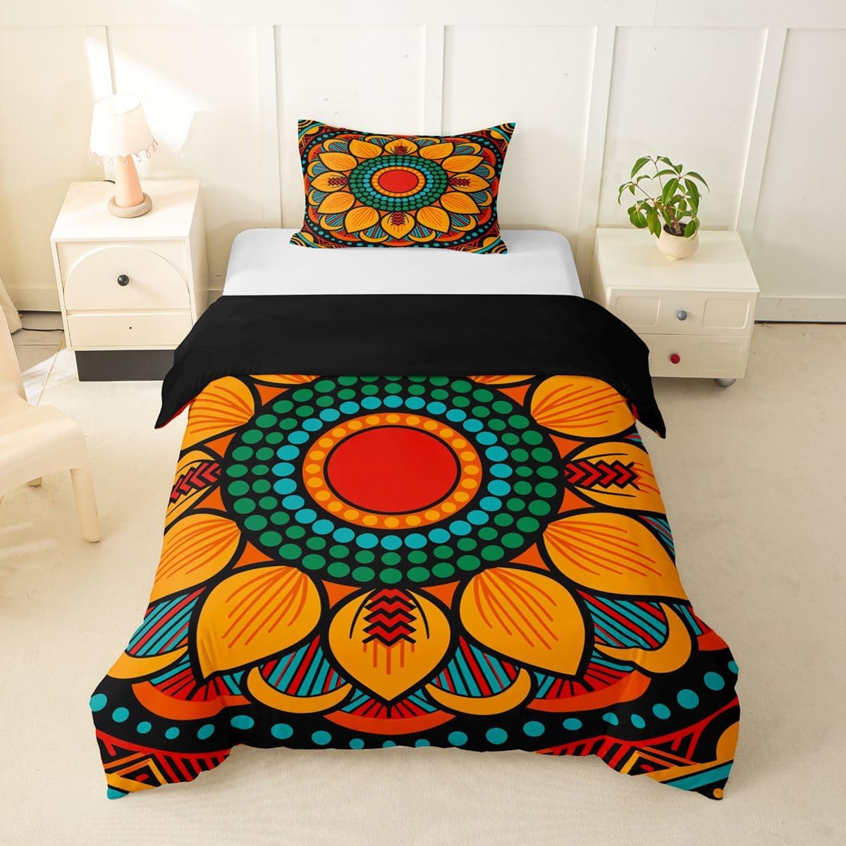 Erosebridal Mandala Vintage Tribal Toddler Duvet Cover Retro Bohemian Flower Bedding Set Colorful Oriental Medallion Comforter Cover for Kids Boys Girls,Boho Hippie Paisley Bed Set