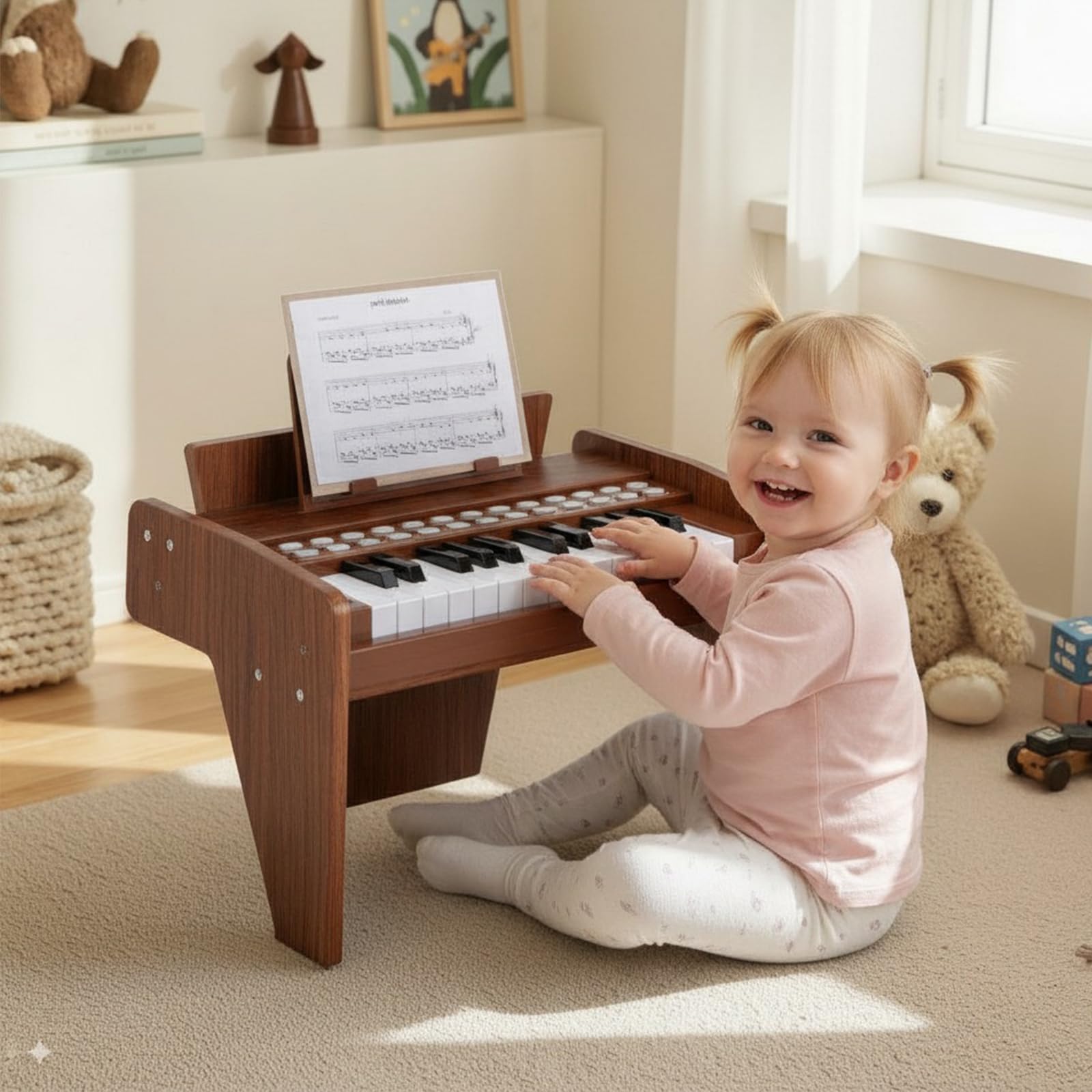 KOMFOTTEU Teclado de Piano de 25 Teclas para Niños, Piano Electrónico de Madera con Atril, Mini Teclado Digital con Grabación/Reproducción, Modo de Enseñanza, Instrumento Musical Infantil (Marrón)