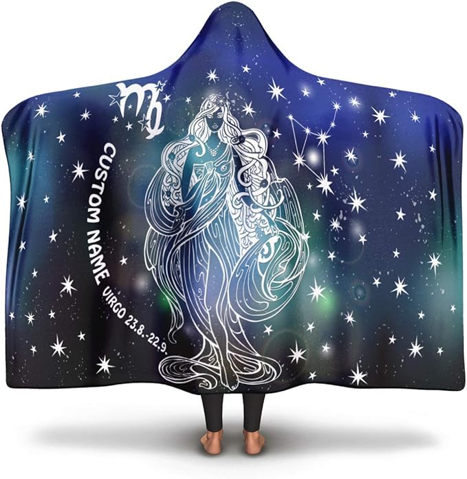 Personalized Virgo Horoscope Zodiac Star Sign Throw Blanket, Hooded Blanket for Teens and Adults (Microfiber Fleece, Adult (80 in x 55 in))