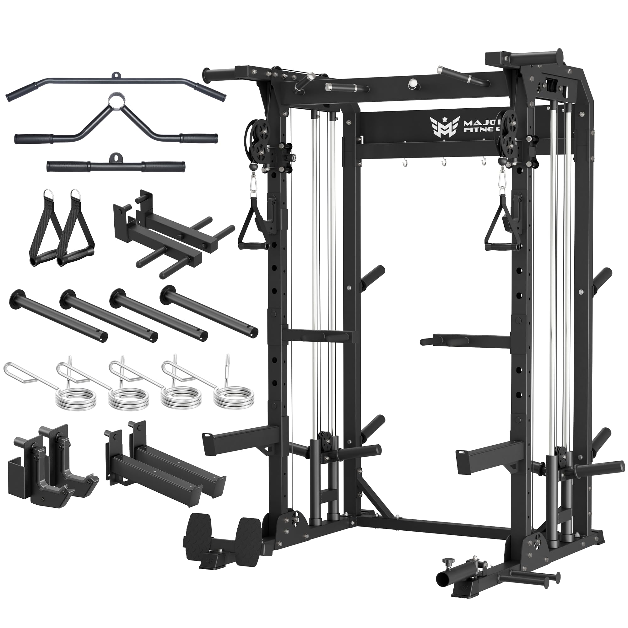 MAJOR FITNESS F22 Power Rack, 1600lbs All-in-One Squat Rack with Dual Pulley System, Heavy-Duty Steel Frame, Attachments & Storage for Home Gym Strength Training