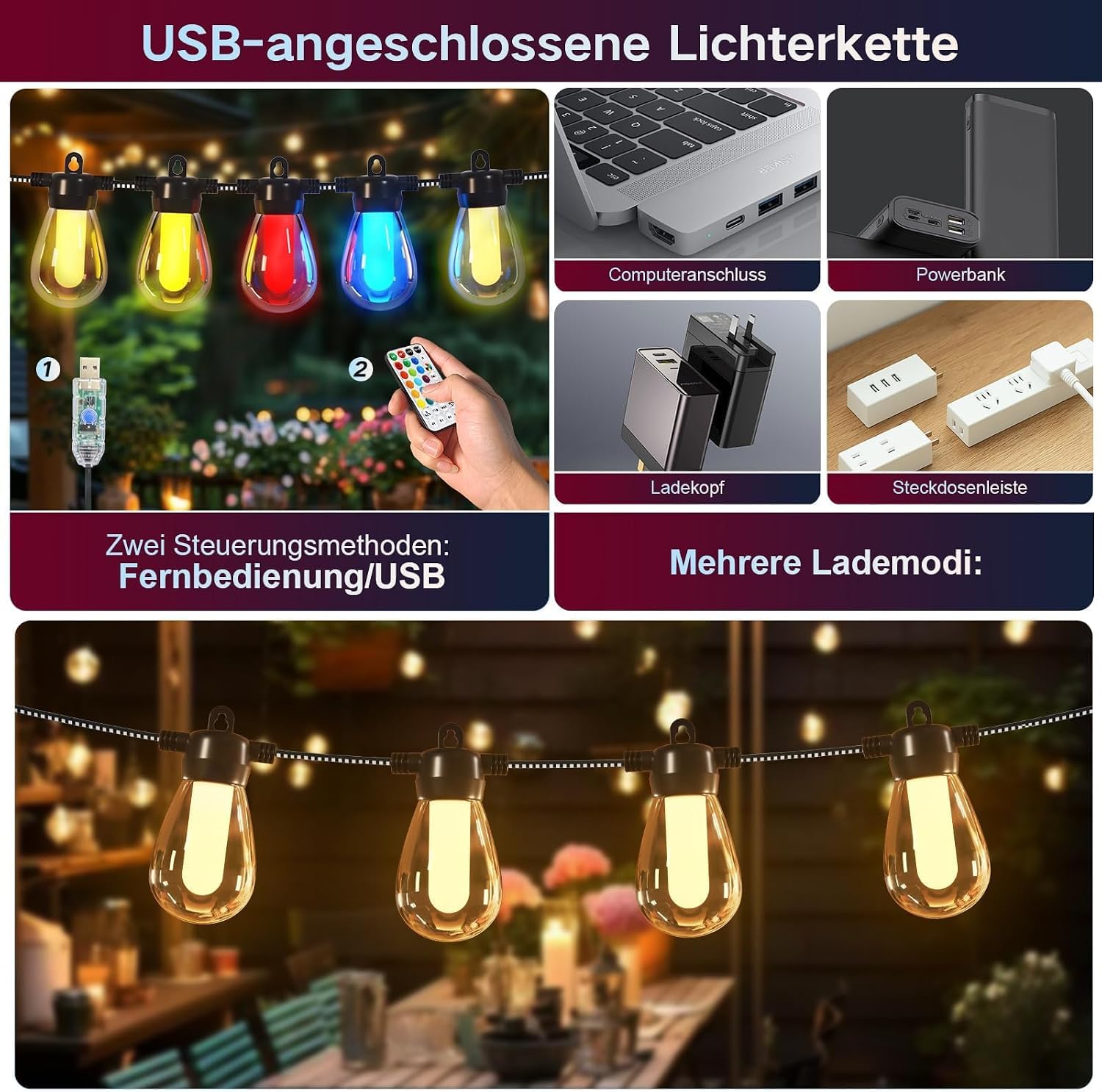 Ciskotu Cadena de luces para exteriores, multicolor, para exteriores, 15 m, G40, iluminación LED, para balcón, exterior, IP65, cadena de luces con mando a distancia