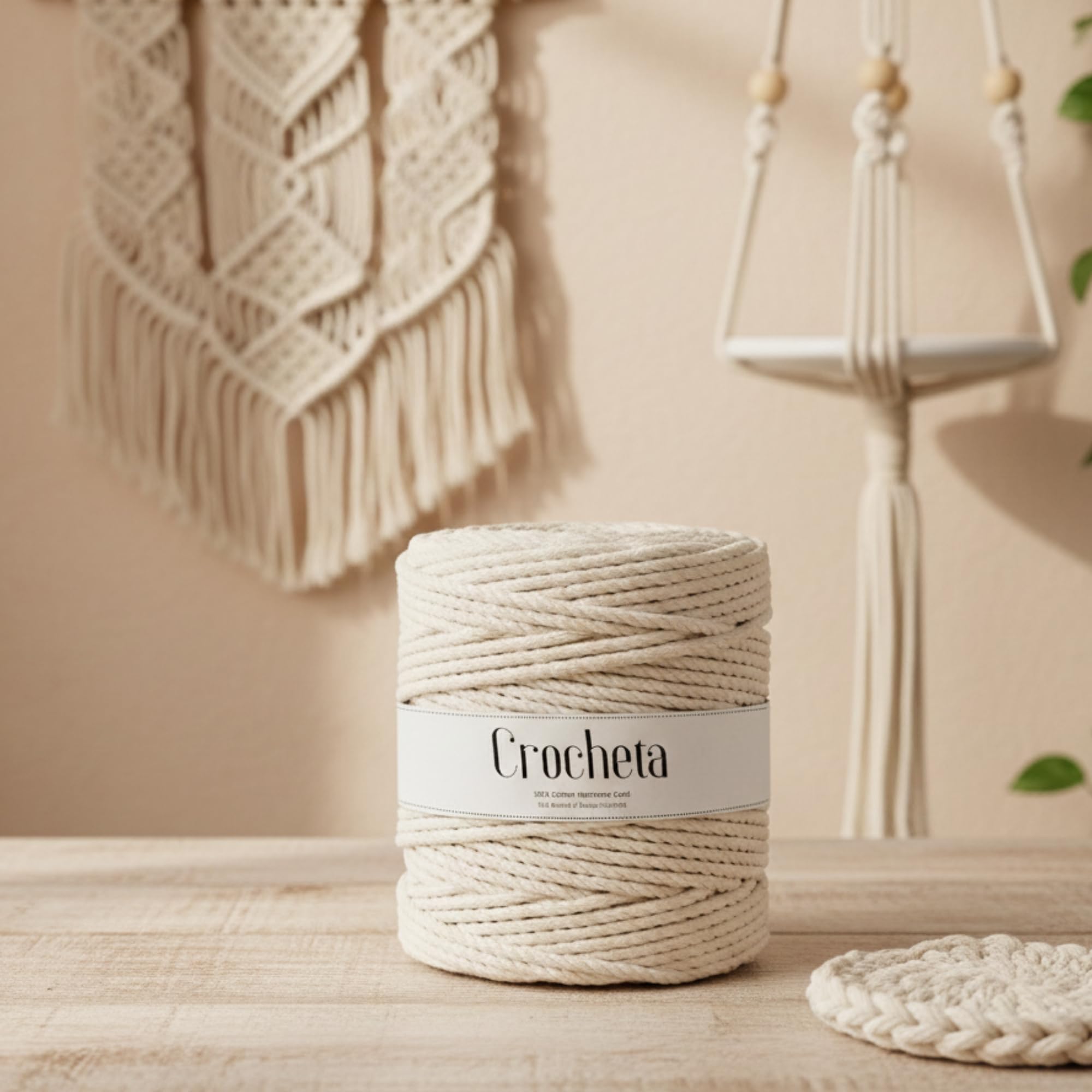 CROCHETA 3 Ply Twisted Macrame Cotton Cord Dori Roll Packaging Thread for Macrame DIY and Other Projects (3mm 100 Mtr., Off White)