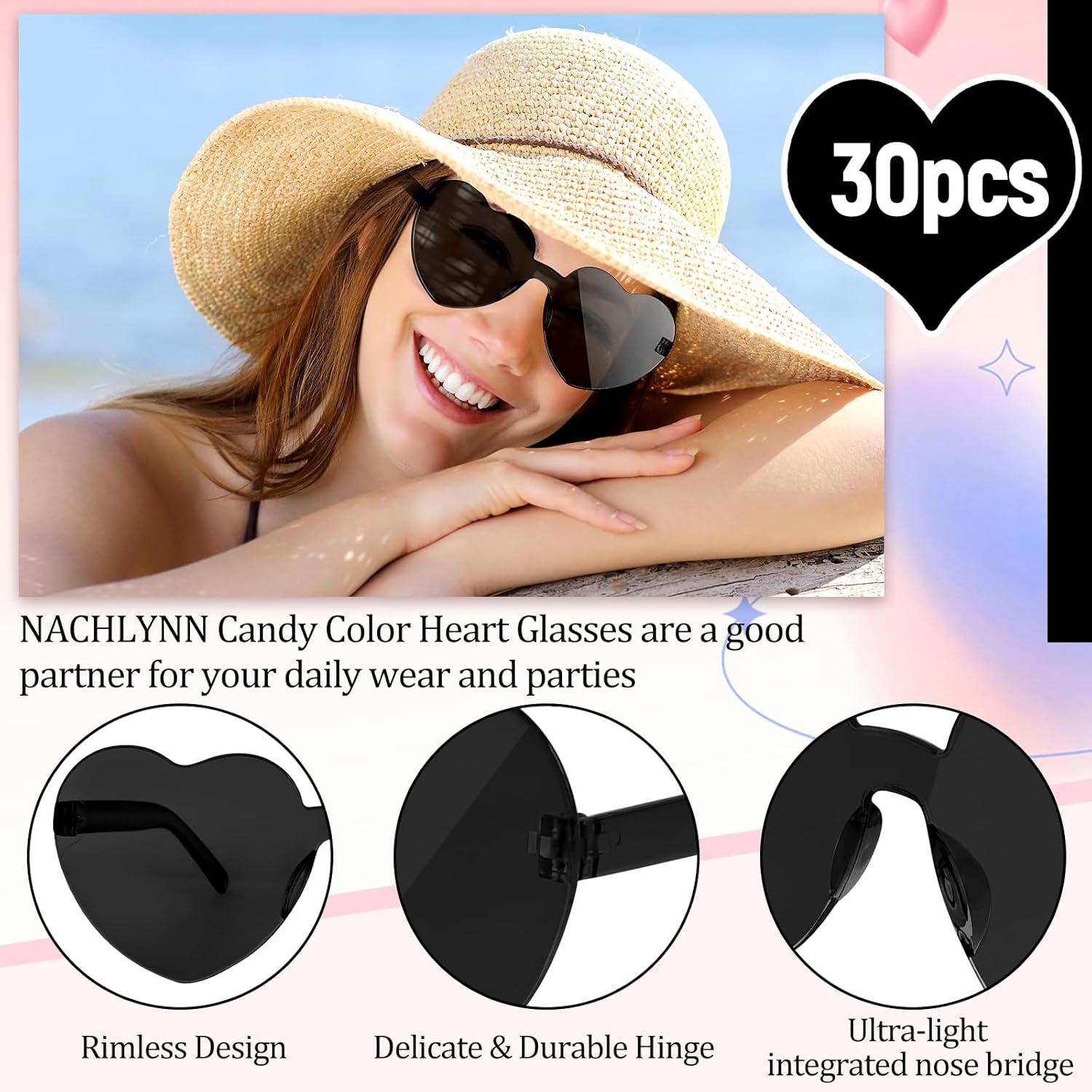 NACHLYNN 30 Pairs Heart Sunglasses Candy Color Heart Glasses Women Rimless Heart Shaped Sunglasses for Costumes Cosplay - Image 3