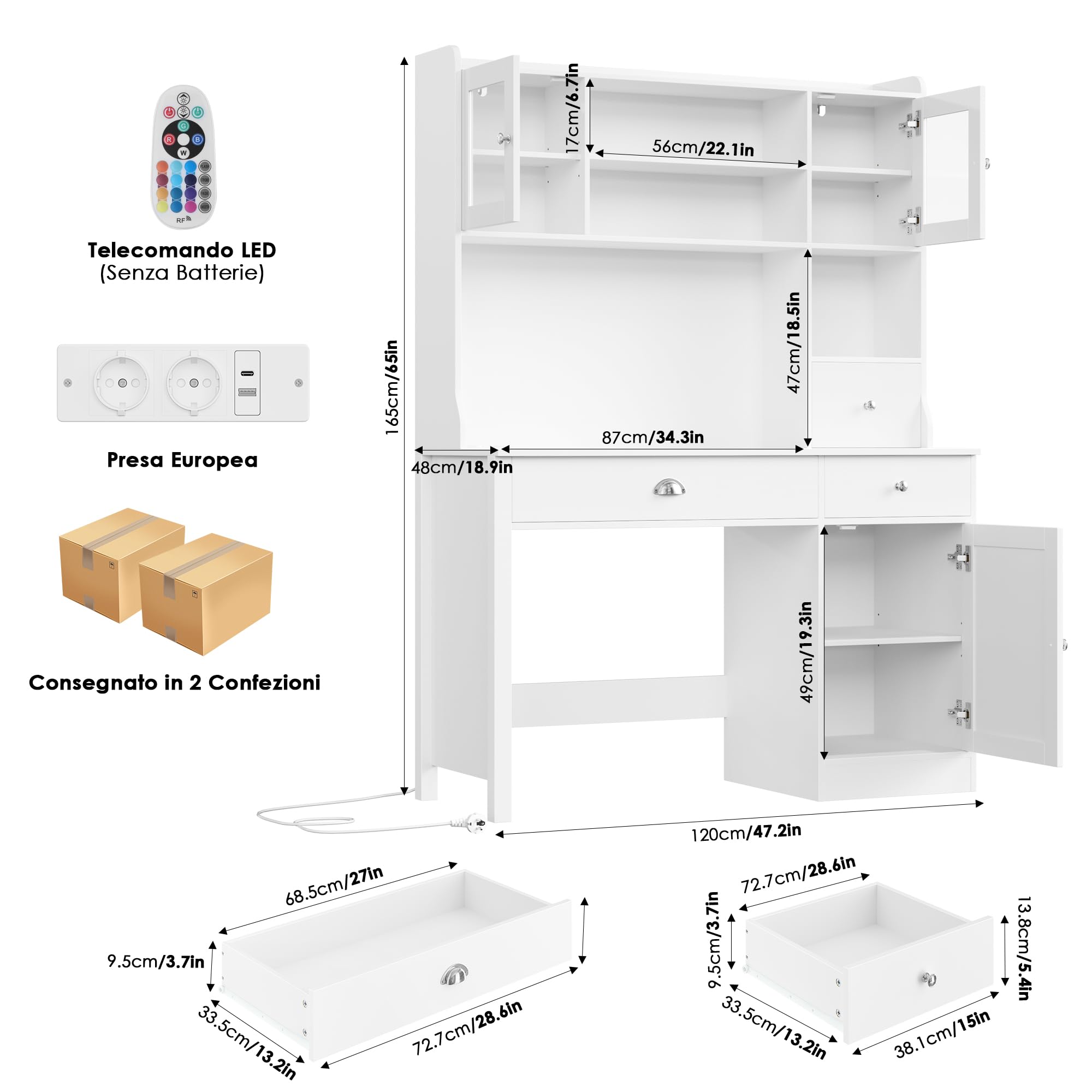 FirFurd Scrivania con Cassetti,Scrivania con 2 Prese e 2 USB 120x48x165cm | Scrivania Gaming a Luci LED Multicolori,Toeletta da Trucco a Cassettiera e 3 Ante,Ripiani Regolabili,per Casa Ufficio,Bianco