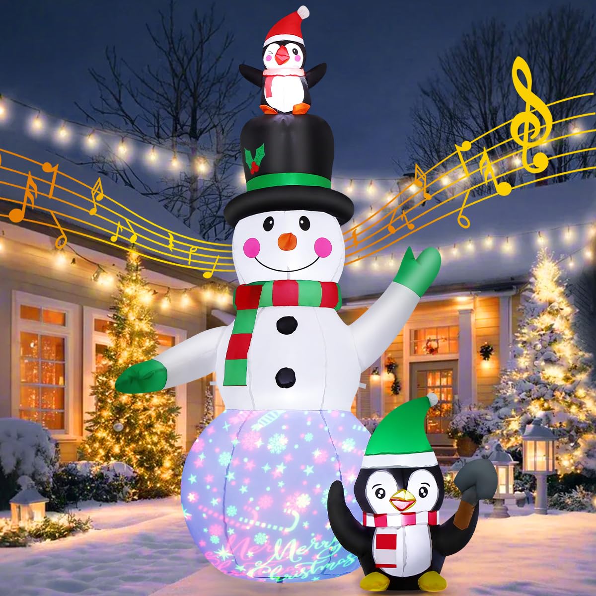 GOOSH Bonhomme de neige gonflable et pingouins de Noël de 2,1 m - Décoration extérieure - Bonhomme de neige souriant et pingouin mignon avec LED intégrées pour décoration intérieure, fête, jardin,