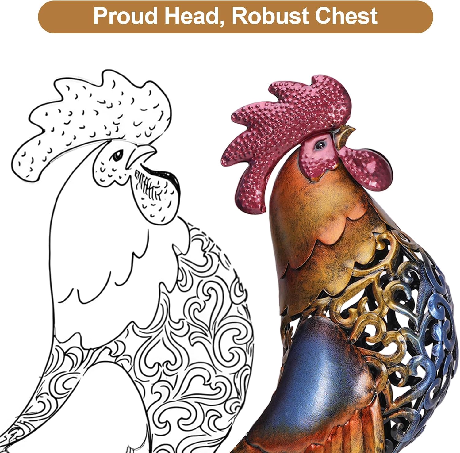 Rooster Garden Statues,Vintage Chicken Statue for Outdoor Decor, Regal Mighty Metal Rooster,Perfect Handmade Gift for Housewarming, Friends, Garden Lover