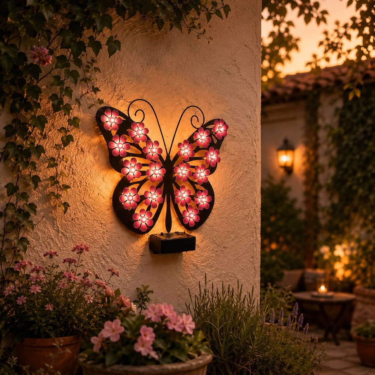 Solar Butterfly Garden Light,Solar Butterfly Lights Outdoor Metal Wall Decor,Waterproof LED Hanging Sculpture for Garden Patio Porch Yard Fence Decoration (Pink,1Pcs)
