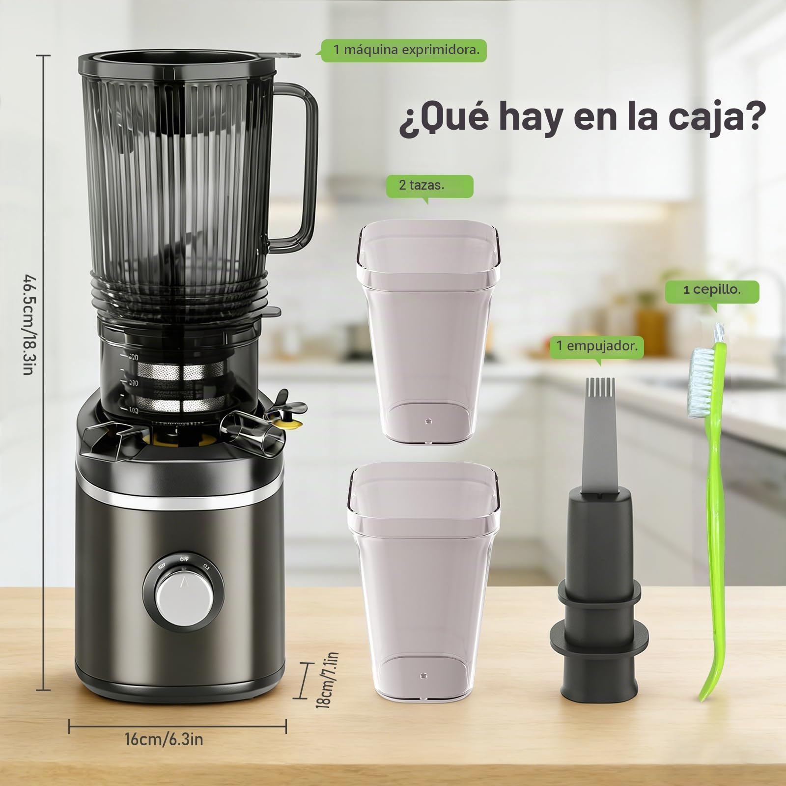 Exprimidor 250W 2,3 L prensado en frío, para frutas y verduras enteras, 65 RPM, eléctrico, con tolva de alimentación de 12 cm, Extractor de zumos y verduras