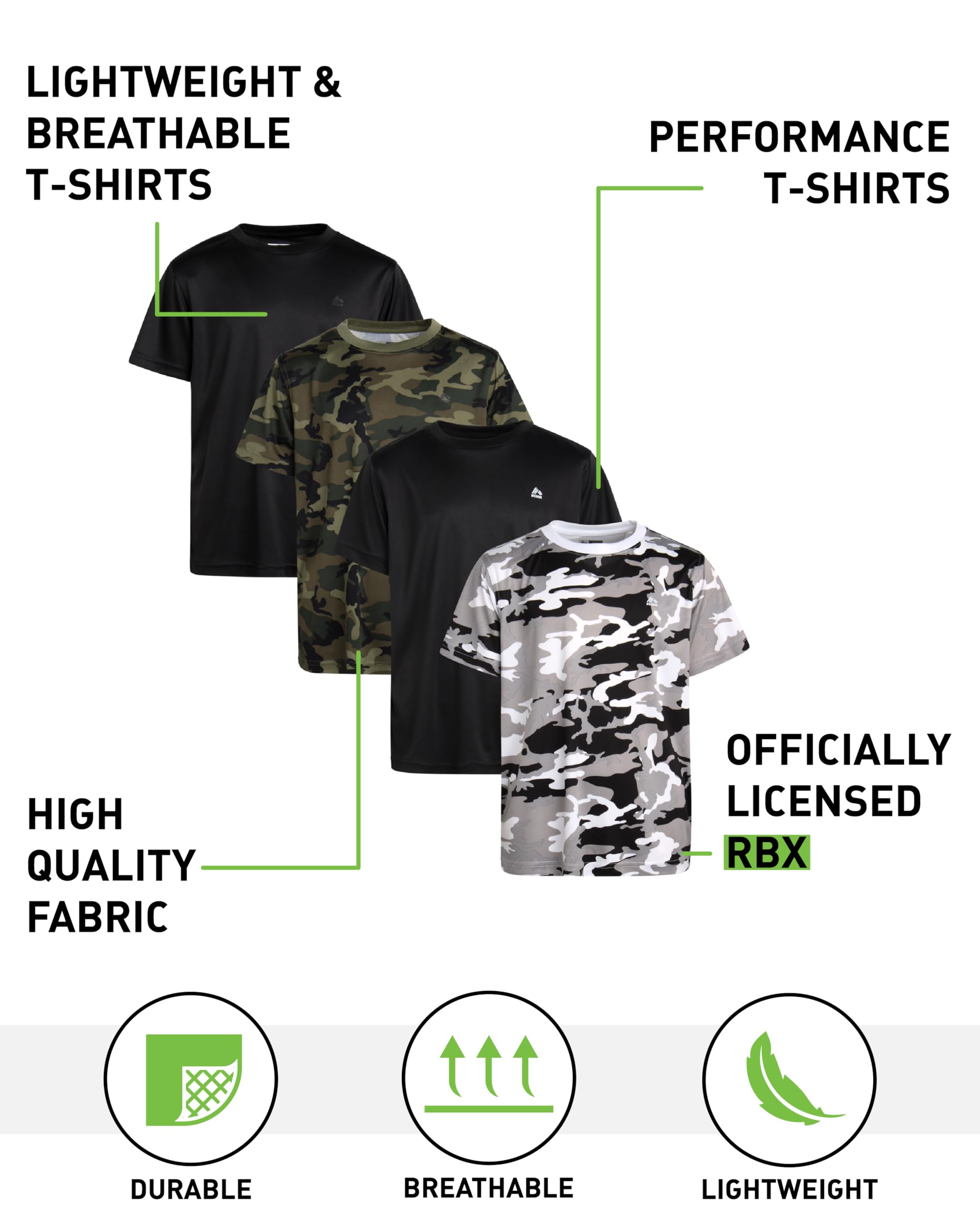 RBX Active Boys Shirts - Paquete de 4 camisetas atléticas de manga corta - Cómodas camisetas deportivas para niños y jóvenes (tallas: 8-20)
