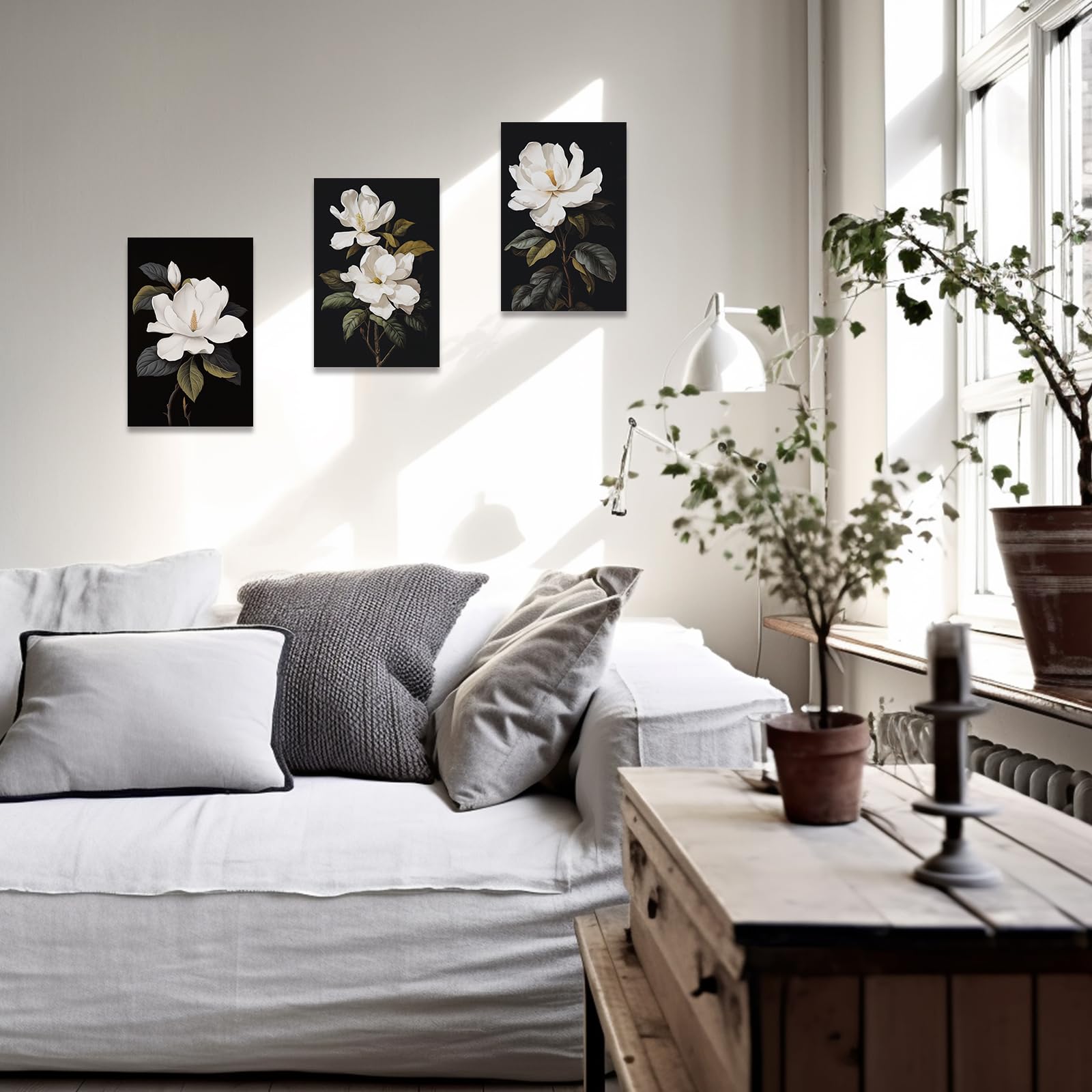 CCWACPP 3 Piece Floral Canvas Wall Art Magnolia Flowers Pictures Black and White Flowers Painting Prints Modern Bedroom Living Room Home Decor Framed (A - Image 4