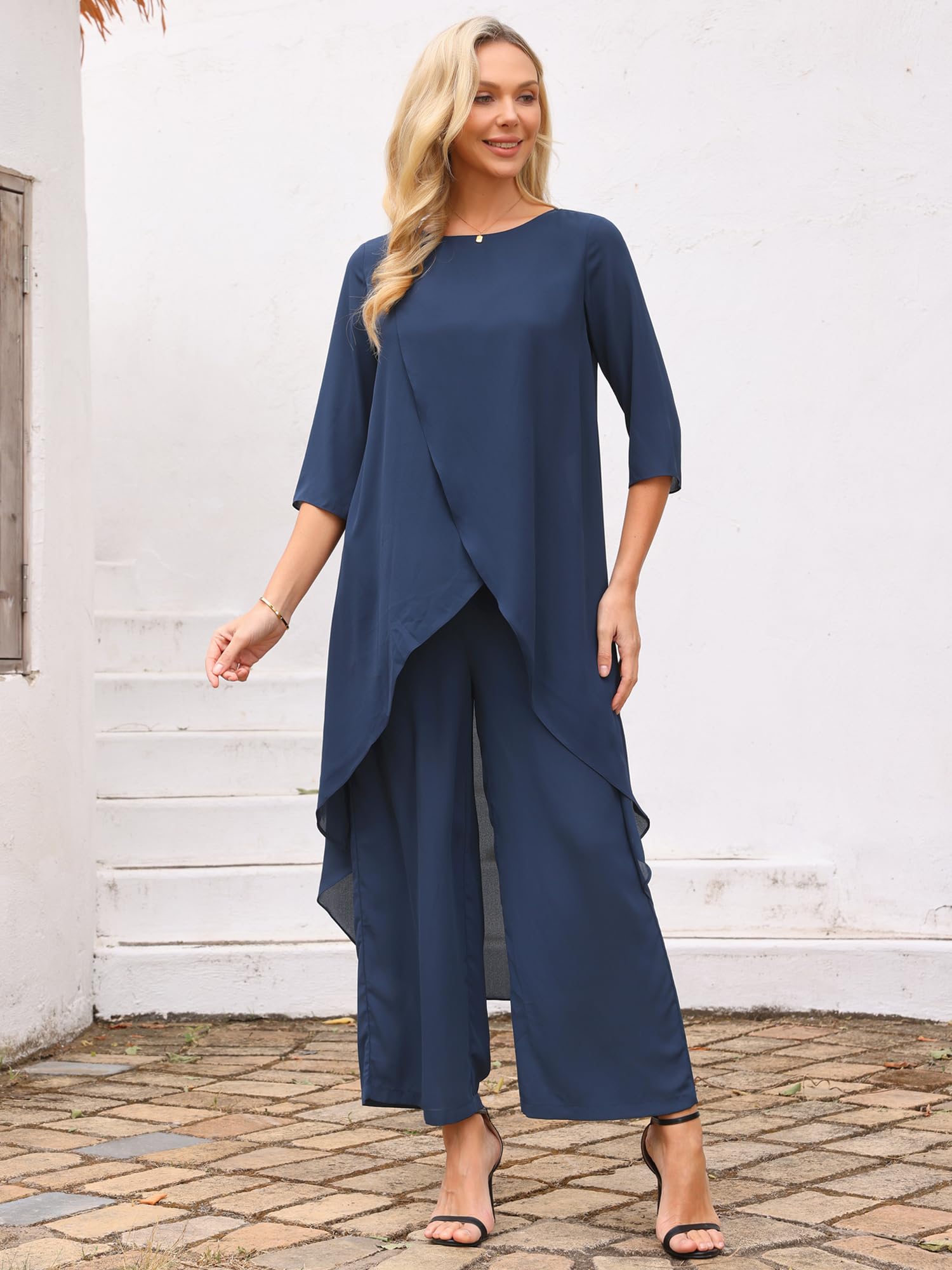 Seta T Set di 2 pezzi da donna in chiffon, estivi, con pantaloni alti e bassi, set formale per ospiti di nozze