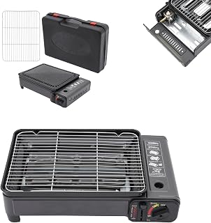 Barbacoa de gas 2 en 1 para camping, portátil, 3 kW, con encendido piezoeléctrico y válvula de seguridad, incluye juego de barbacoa + maletín de aluminio (3,2 kg) para exteriores/camping/balcón, (41,5