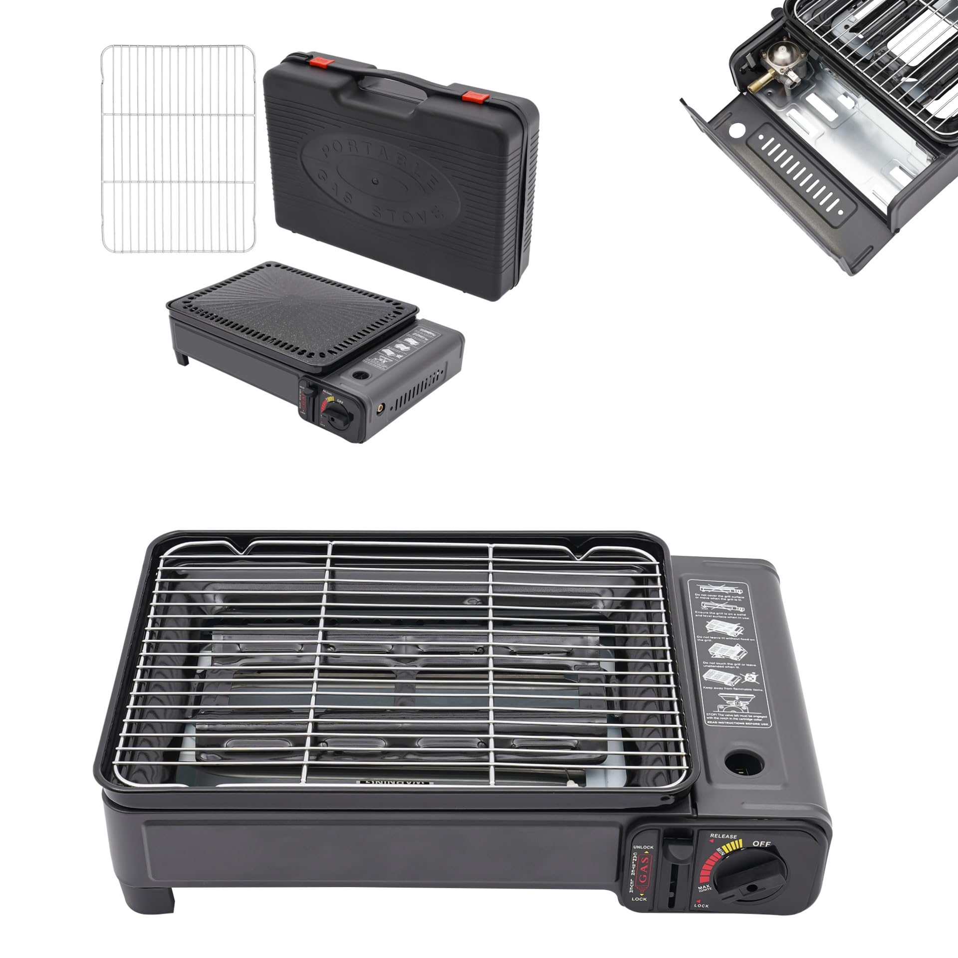 Fornello da campeggio 2 in 1 - Barbecue multifunzione portatile 3 kW con accensione piezoelettrica e valvola di sicurezza, set + valigetta in alluminio (3,2 kg) per esterni