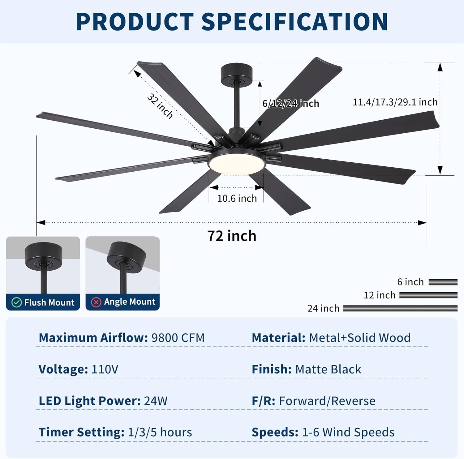 72 Inch Retro Farmhouse Brushed Nickel Ceiling Fan with Light and Solid Wood Blades – Energy Efficient 6-Speed DC Motor, Remote Control, LED Light Kit(Black)