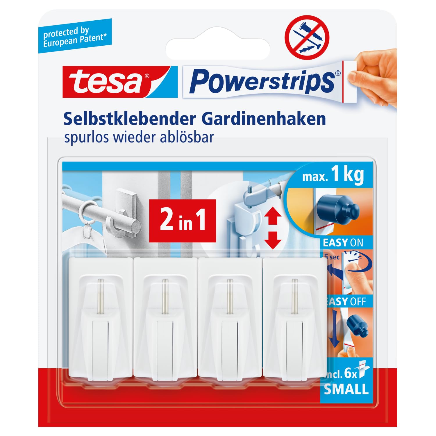 tesa Powerstrips Vario-Gardinenhaken/Selbstklebende Gardinenhaken ablösbar und mehrfach verwendbar/Bis 1 kg Belastung / 1 x 4 Stück/Weiß