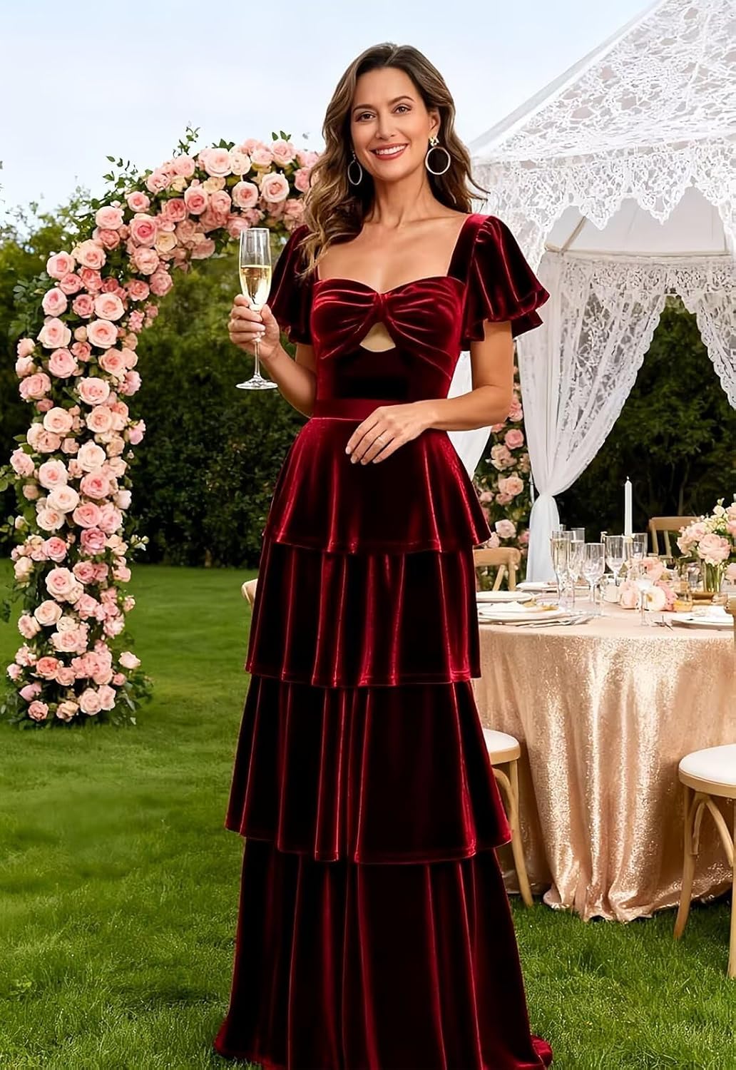 Short Sleeve Velvet A Line Pleated Cocktail Dresses for Women Long Cut Out Tiered Formal Evening Gowns