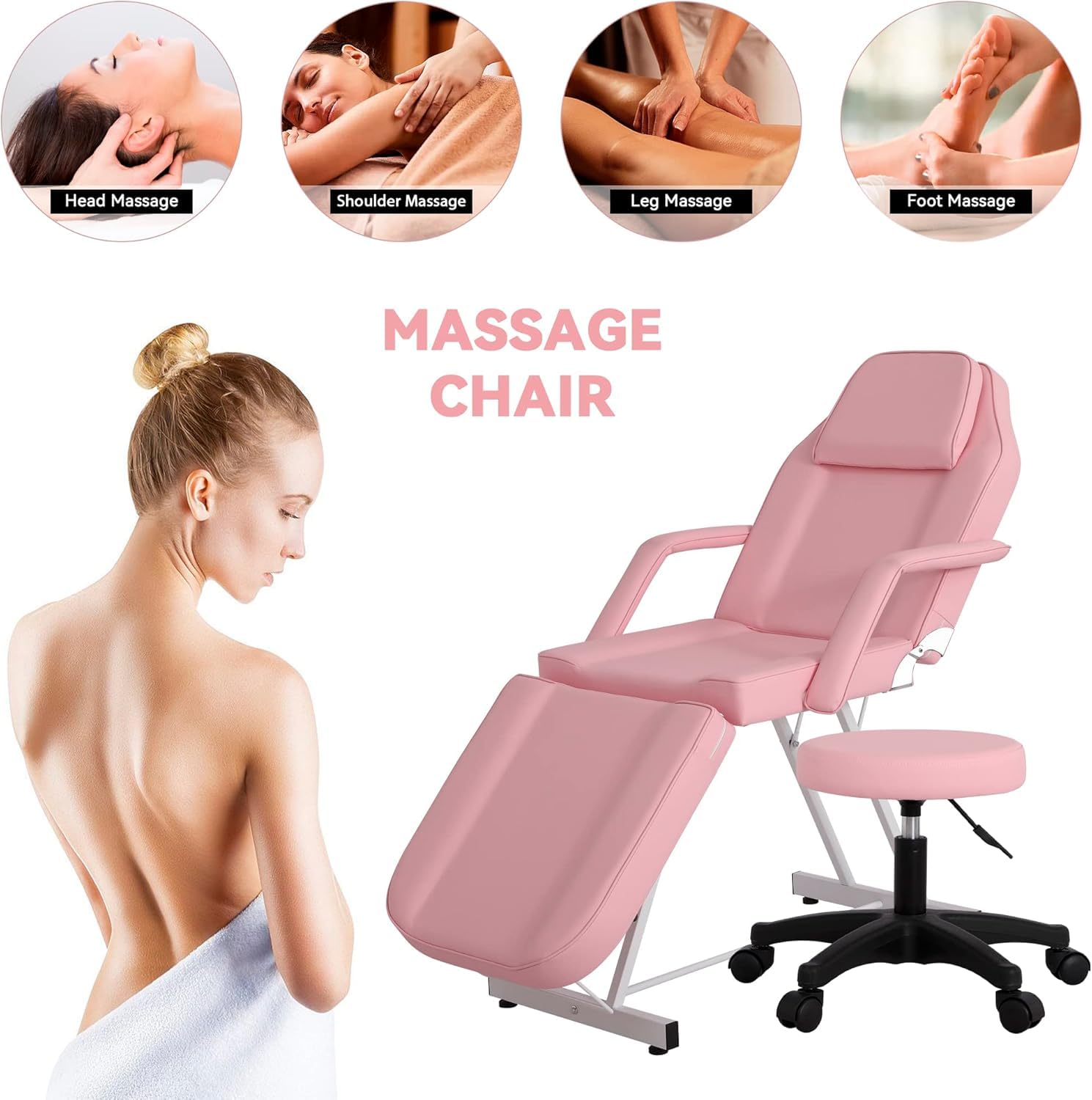 Table de Massage avec Tabouret Lit Massage Pliante 3 Zones Rose | en Cuir PU avec l’Appui-Tête Amovible Accoudoirs Réglables Lit Esthéticienne Physiothérapie, Tattoo