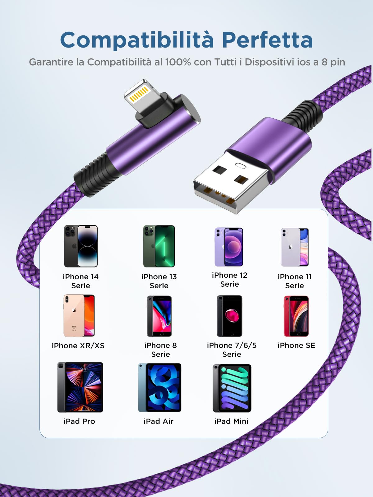 Cavo Lightning USB MFi Nylon 2 Metri 3 Pezzi Carica Rapida Angolo Retto per iPhone 14 13 12 11 Pro Max XS XR X 8 7 6 iPad