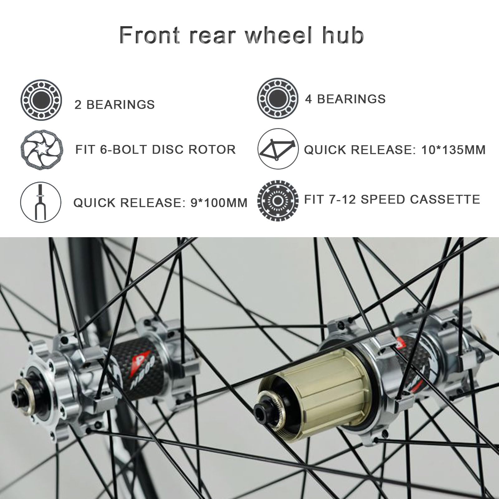 Ruedas para bicicleta de montaña con freno de disco, 26/27,5/29 pulgadas, aleación de aluminio, buje de 24 radios, 2 rodamientos delanteros y 4 traseros, base de torre de 6 garras para cassette de 8-