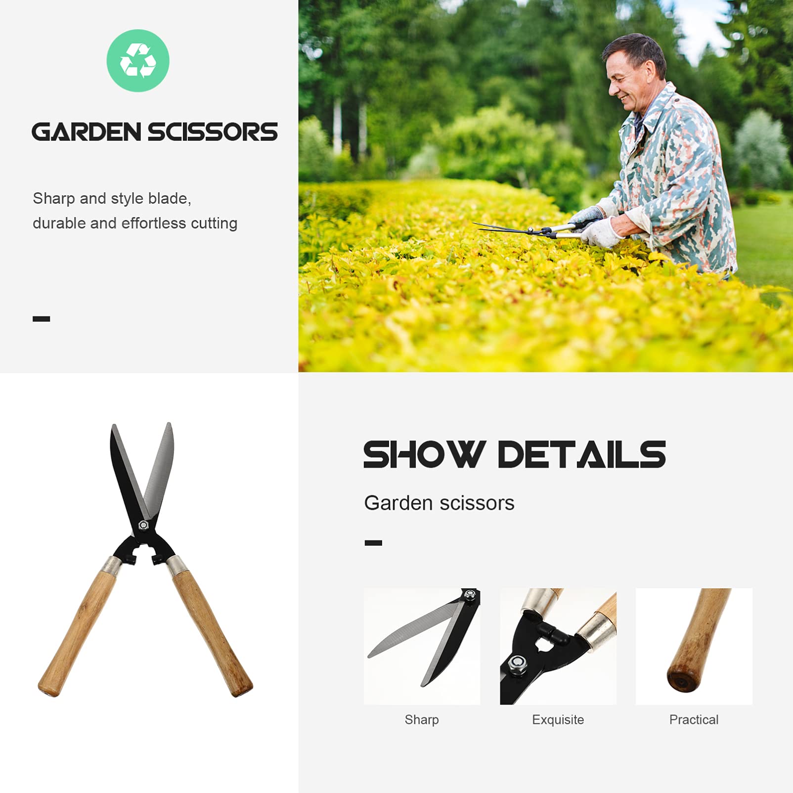 Yardwe Tijeras de Podar para Jardinería Acero de Alto Carbono y Mango de Madera, Corte sin Esfuerzo y Fácil de Limpiar para Cuidado de Setos y Arbustos