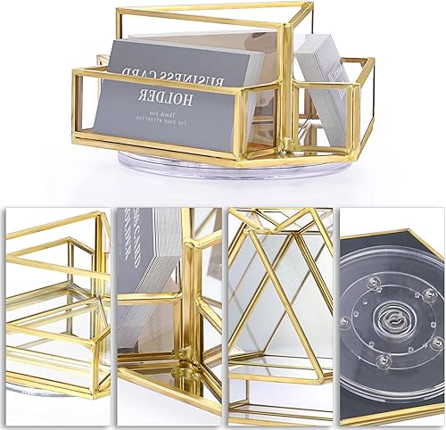 Miniatura 8 de Hipiwe Soporte giratorio para tarjetas de visita de 360, 4 ranuras de vidrio dorado, soporte de exhibición para tarjetas de presentación con espejo