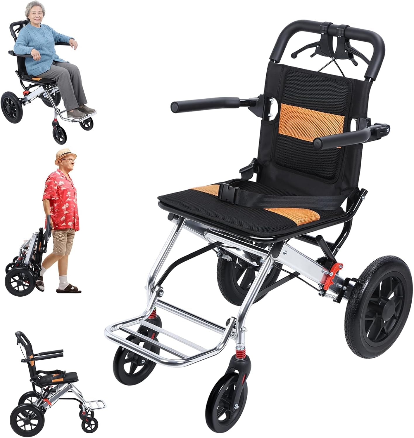 YGNVMCXJG Lightweight Foldable Transport Wheelchair for Adults, Travel Wheelchair for Airplane & Narrow Doorways, Portable Aluminum Wheel Chair with Shock Absorbing Wheels