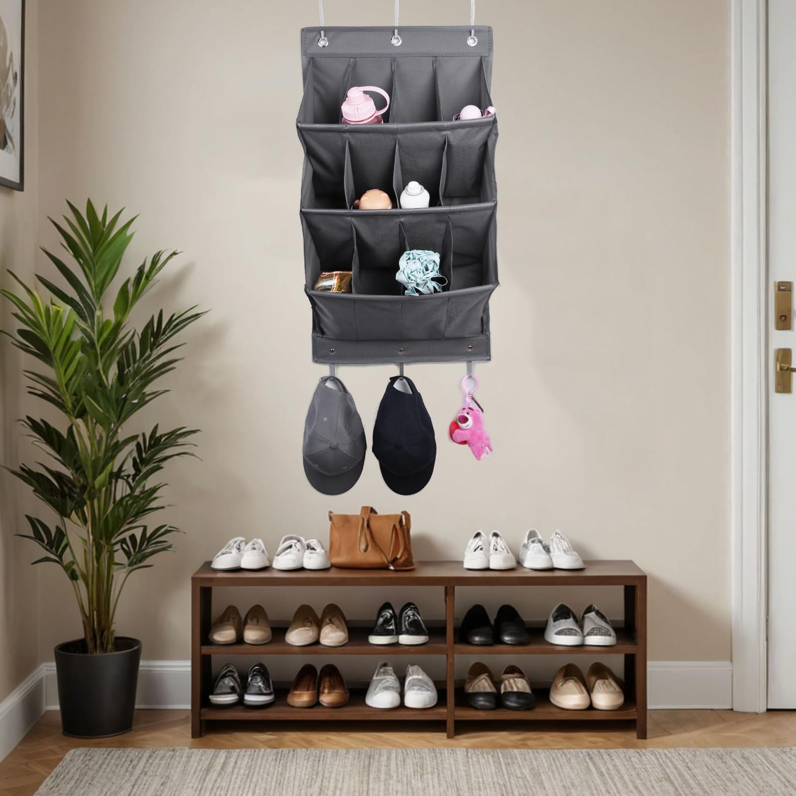 Organizer per scarpe da appendere, con gancio, porta scarpiera con 12 tasche profonde per armadio, organizer da appendere alla porta per campeggio, armadietto, dormitorio e camper, grigio